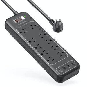 Power Strip Surge Protector USB-C and 10 AC Outlets, 3 USB and 1 USB C, Fast Charging Ports, Black, Flat Plug 6 ft Extension Cord, 2100 J 1875 Watts, 15A, Outlet Extender, ETL, BENTRONIC.
