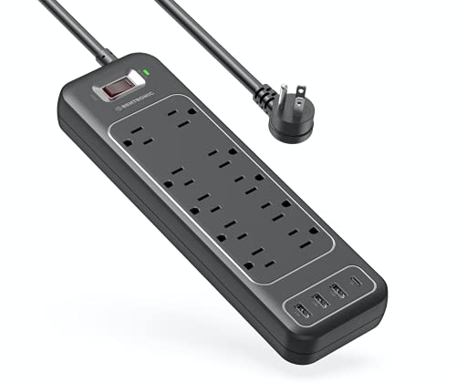 Power Strip Surge Protector USB-C and 10 AC Outlets, 3 USB and 1 USB C, Fast Charging Ports, Black, Flat Plug 6 ft Extension Cord, 2100 J 1875 Watts, 15A, Outlet Extender, ETL, BENTRONIC.