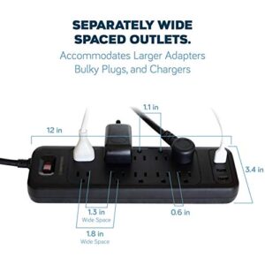 Power Strip Surge Protector USB-C and 10 AC Outlets, 3 USB and 1 USB C, Fast Charging Ports, Black, Flat Plug 6 ft Extension Cord, 2100 J 1875 Watts, 15A, Outlet Extender, ETL, BENTRONIC.