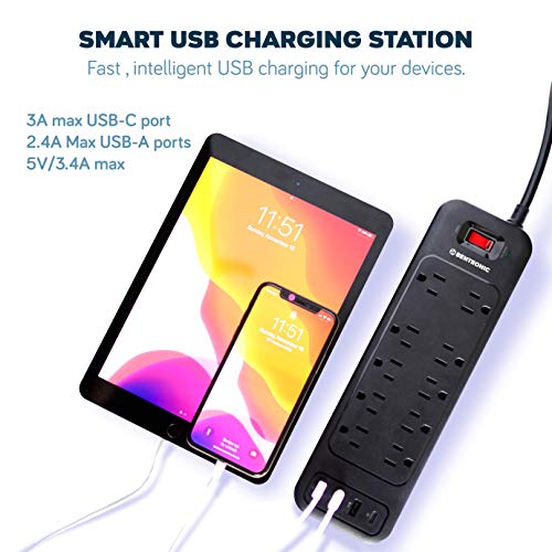 Power Strip Surge Protector USB-C and 10 AC Outlets, 3 USB and 1 USB C, Fast Charging Ports, Black, Flat Plug 6 ft Extension Cord, 2100 J 1875 Watts, 15A, Outlet Extender, ETL, BENTRONIC.