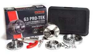 nova 48293 premier pro-tek g3 chuck bundle with 2" pro-tek jaw set, jspin 1" pin jaw set, js100n 4" bowl jaw set, woodworm screw & storage case. 1"x 8 tpi only (does not use inserts)