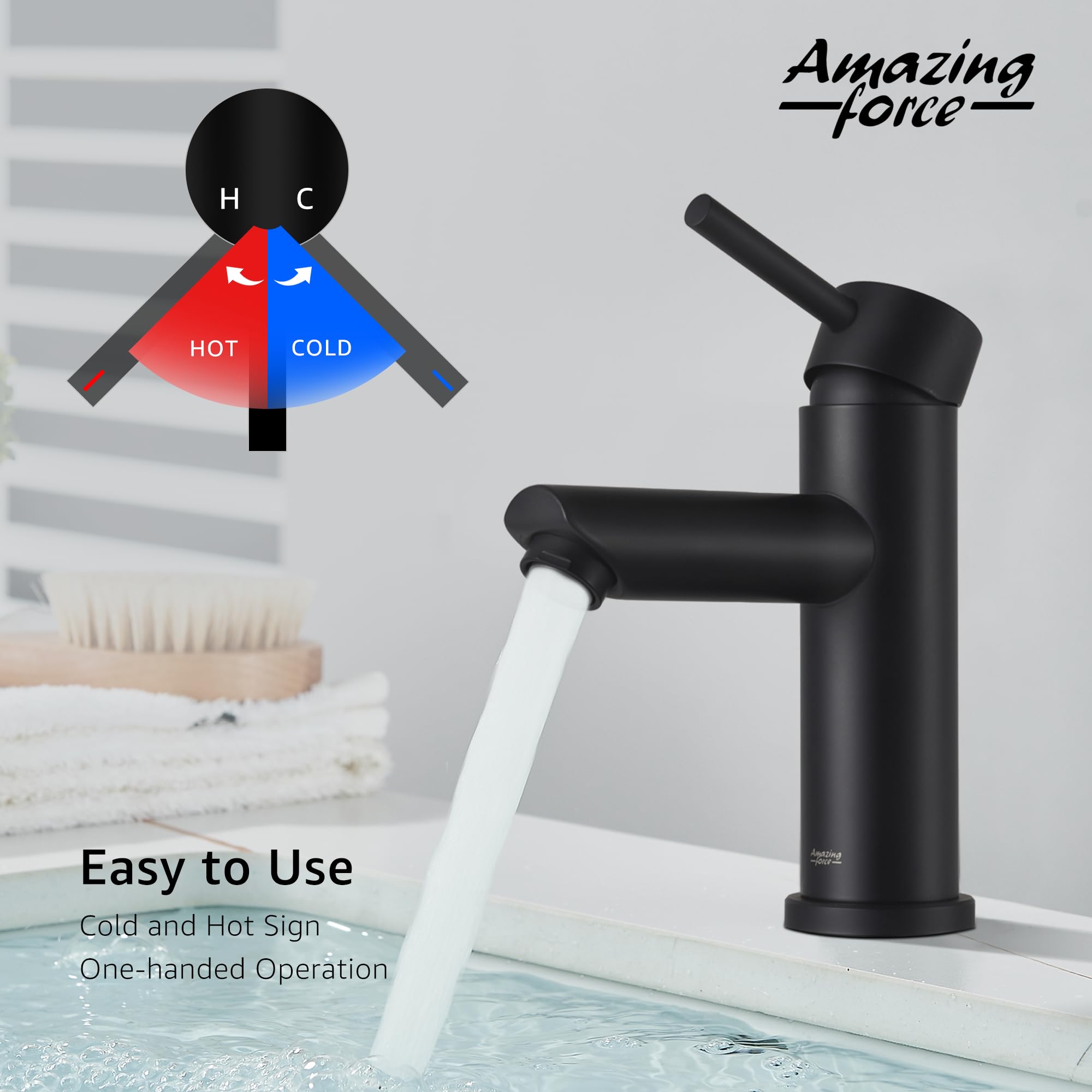 AMAZING FORCE Single Hole Bathroom Faucet Single Handle Bathroom Sink Faucet Matte Black Stainless Steel Basin Mixer Tap,Sink Drain & Deck Plate Not Included(Matte Black) 1.2 GPM