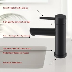 AMAZING FORCE Single Hole Bathroom Faucet Single Handle Bathroom Sink Faucet Matte Black Stainless Steel Basin Mixer Tap,Sink Drain & Deck Plate Not Included(Matte Black) 1.2 GPM