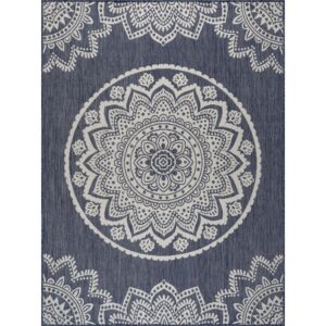 CAMILSON Outdoor Rug - Modern Area Rugs for Indoor and Outdoor patios, Kitchen and Hallway mats - Washable Outside Carpet (5x7, Medallion - Blue/White)