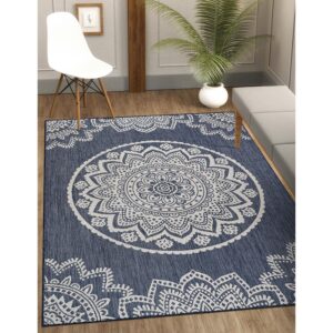 CAMILSON Outdoor Rug - Modern Area Rugs for Indoor and Outdoor patios, Kitchen and Hallway mats - Washable Outside Carpet (5x7, Medallion - Blue/White)