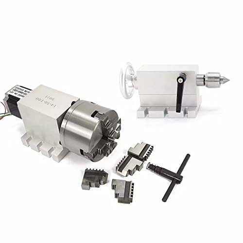 CNCTOPBAOS Engraving Machine Rotary 4th Axis,CNC Router Rotational Fourth A Axis,K12-100mm 4 Jaw Chuck Dividing Head,No Backlash Gapless Harmonic Gearbox Ratio 50:1+Nema23 Motor+65mm Tailstock