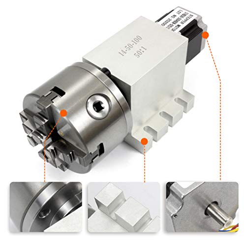 CNCTOPBAOS Engraving Machine Rotary 4th Axis,CNC Router Rotational Fourth A Axis,K12-100mm 4 Jaw Chuck Dividing Head,No Backlash Gapless Harmonic Gearbox Ratio 50:1+Nema23 Motor+65mm Tailstock