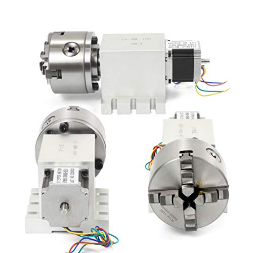 CNCTOPBAOS Engraving Machine Rotary 4th Axis,CNC Router Rotational Fourth A Axis,K12-100mm 4 Jaw Chuck Dividing Head,No Backlash Gapless Harmonic Gearbox Ratio 50:1+Nema23 Motor+65mm Tailstock