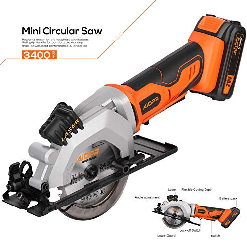 AIOPR 20V 4-1/2" Cordless Mini Circular Saw with Laser Guide, Rip Guide, Vacuum Adapter and 2 Blades (97630L)