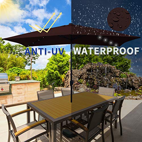 SUNLAX LED Rectangle Patio Umbrellas, 6.5x10ft Market Table Umbrella with Solar Powered Lights-Brown