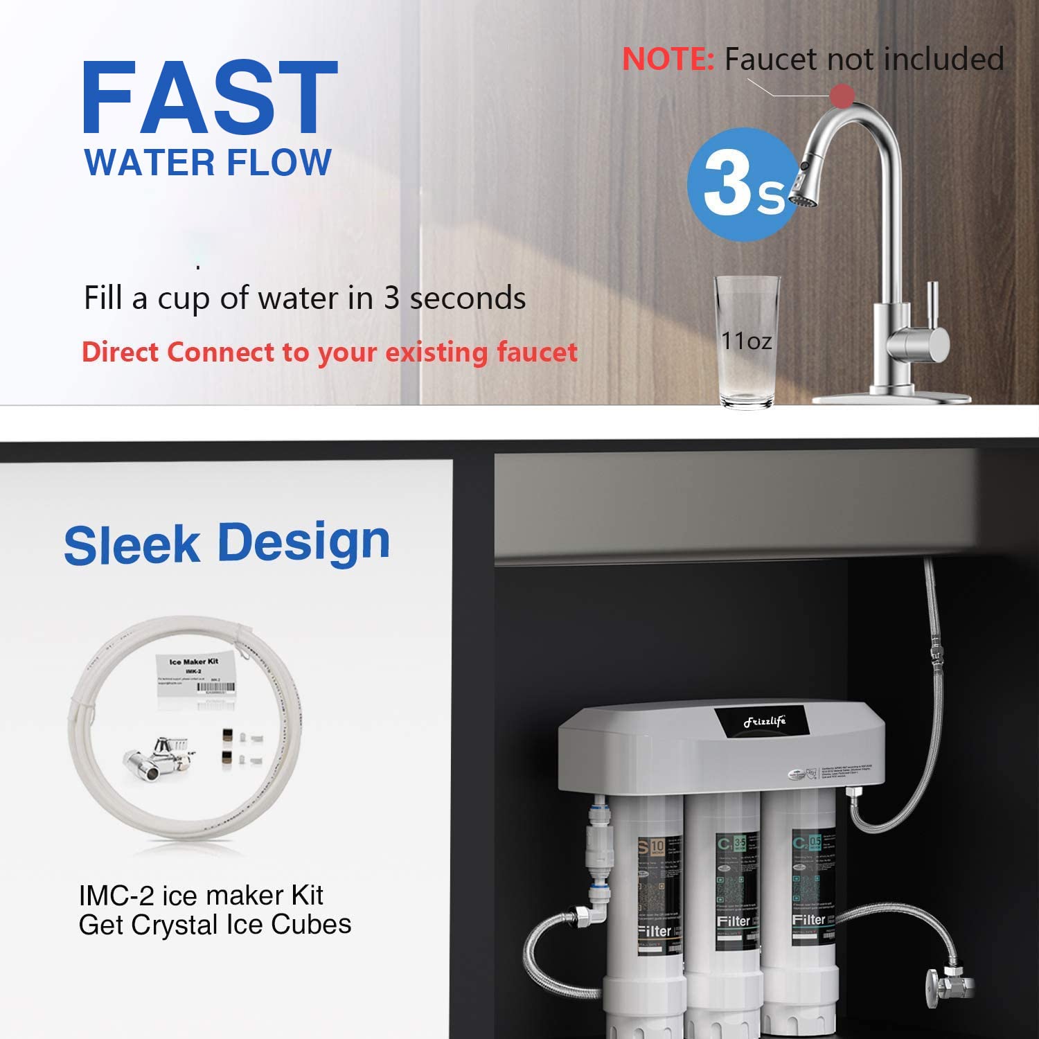 Frizzlife Under Sink Water Filter System SK99-NEW, Direct Connect, NSF/ANSI 53&42 Certified to Remove Lead, Chlorine, Odor & Bad Taste- 0.5 Micron, Quick Change, USA Tech Support