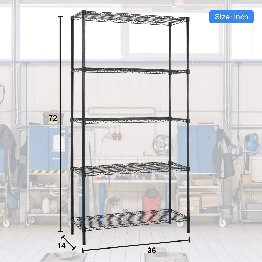 Black 5 Shelf Wire Shelving Unit, Garage NSF Metal Shelf Organizer Large Storage Shelves Heavy Duty Height Adjustable Utility Commercial Grade Steel Layer Shelf Rack (1250 LBS Capacity) - 72x36x14