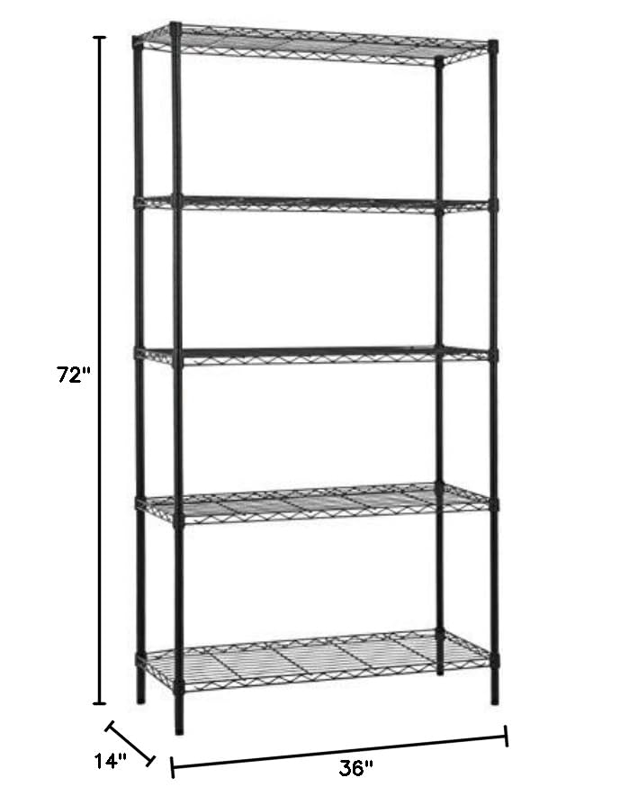 Black 5 Shelf Wire Shelving Unit, Garage NSF Metal Shelf Organizer Large Storage Shelves Heavy Duty Height Adjustable Utility Commercial Grade Steel Layer Shelf Rack (1250 LBS Capacity) - 72x36x14