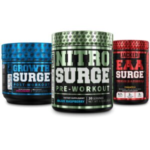 jacked factory nitrosurge pre workout, eaa surge intra workout, growth surge post workout