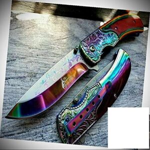 8.5" western wood handle cowboy stainless steel pocket folding knife rainbow blade