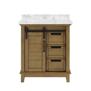 ove decors 30 in. single undermount sink bathroom barn door vanity with cloudy cultured marble countertop, white finish and black hardware