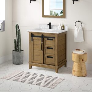 OVE Decors 30 in. Single Undermount Sink Bathroom Barn Door Vanity with Cloudy Cultured Marble Countertop, White Finish and Black Hardware