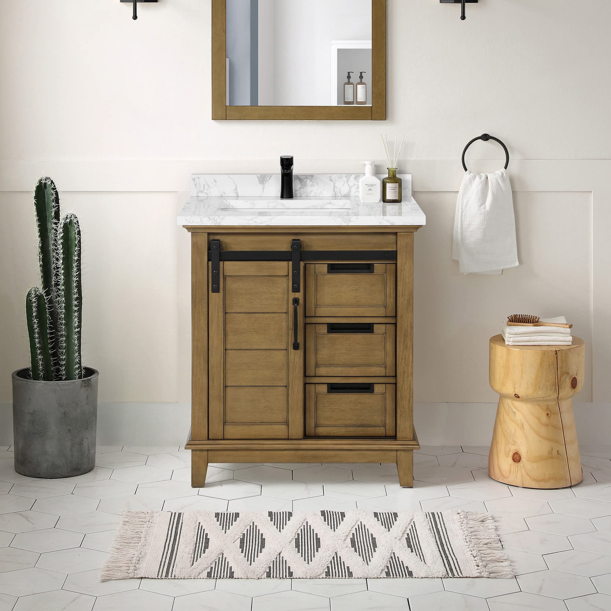 OVE Decors 30 in. Single Undermount Sink Bathroom Barn Door Vanity with Cloudy Cultured Marble Countertop, White Finish and Black Hardware