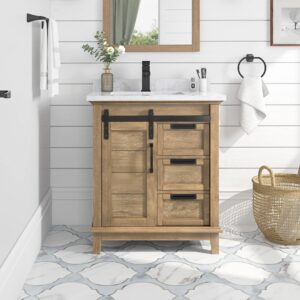 OVE Decors 30 in. Single Undermount Sink Bathroom Barn Door Vanity with Cloudy Cultured Marble Countertop, White Finish and Black Hardware