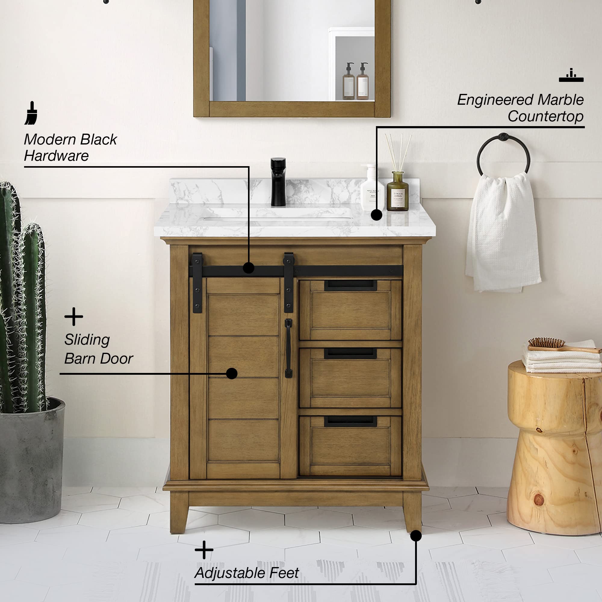 OVE Decors 30 in. Single Undermount Sink Bathroom Barn Door Vanity with Cloudy Cultured Marble Countertop, White Finish and Black Hardware