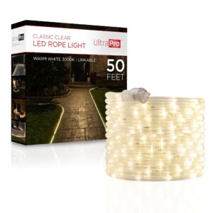 ultrapro led rope lights, 50ft classic clear rope, warm white light 3000k, indoor/outdoor, flexible, linkable, durable, rope lights outdoor, 54505