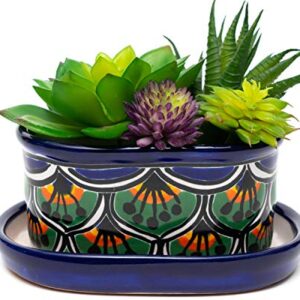 Enchanted Talavera Mexican Talavera Ceramic Succulent Pot Mini Flower Planter Cactus Bonsai Pot W/Drainage & Drip Dish Home Garden Office Desk Décor Gift Set (Peacock)