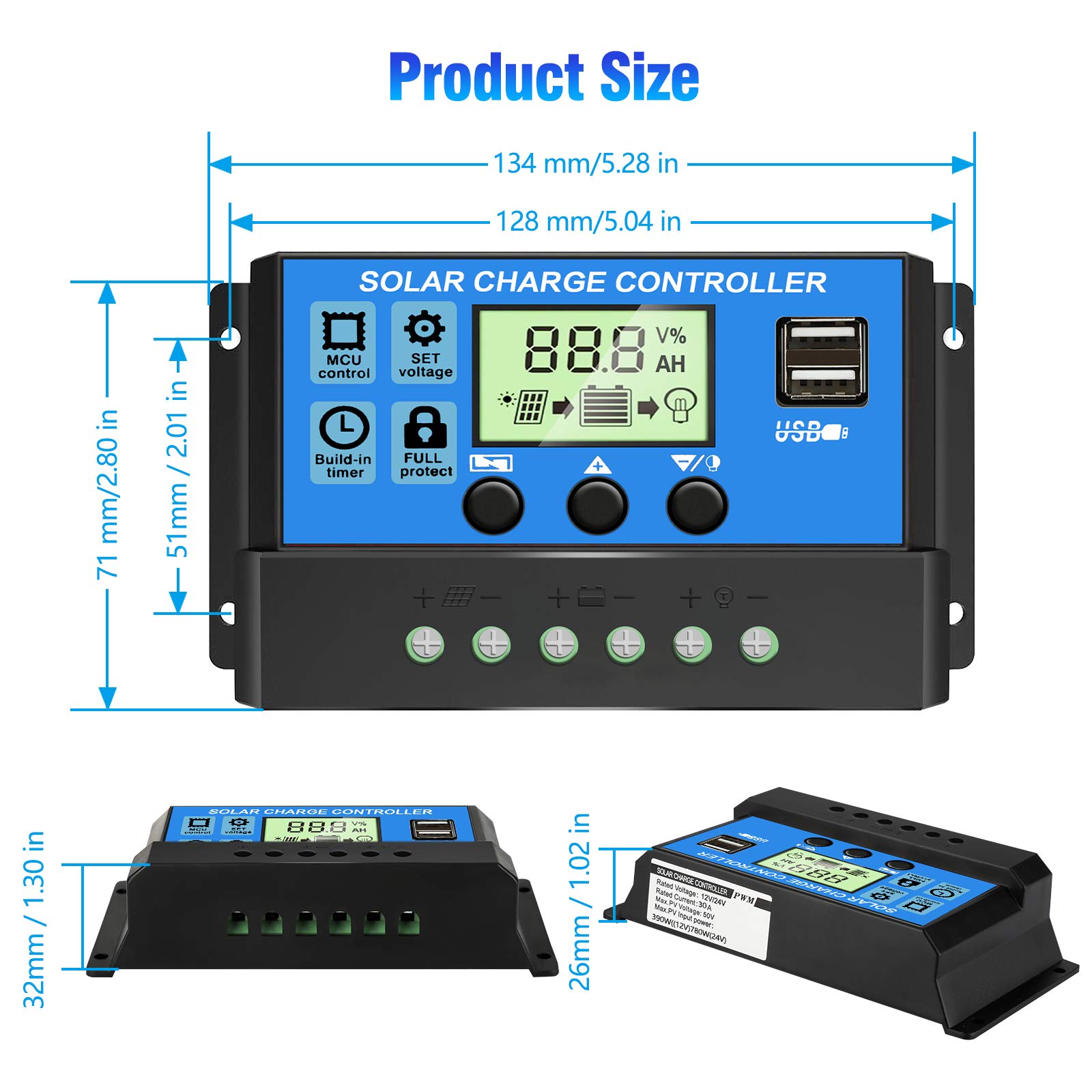 [Upgraded] 30A Solar Charge Controller, 12V/ 24V Solar Panel Regulator with Adjustable LCD Display Dual USB Port Timer Setting PWM Auto Parameter