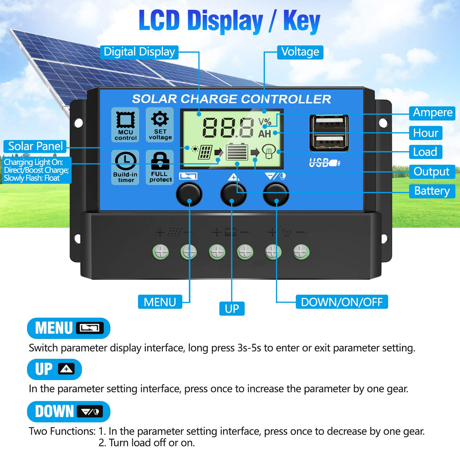 [Upgraded] 30A Solar Charge Controller, 12V/ 24V Solar Panel Regulator with Adjustable LCD Display Dual USB Port Timer Setting PWM Auto Parameter