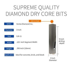 VORTEX DIAMOND WPDB 3 inch Dry Drill Core Bits with Diamond Aligned Segment for Brick Concrete Masonry 5/8 in -11 Threaded (3 in ), Black