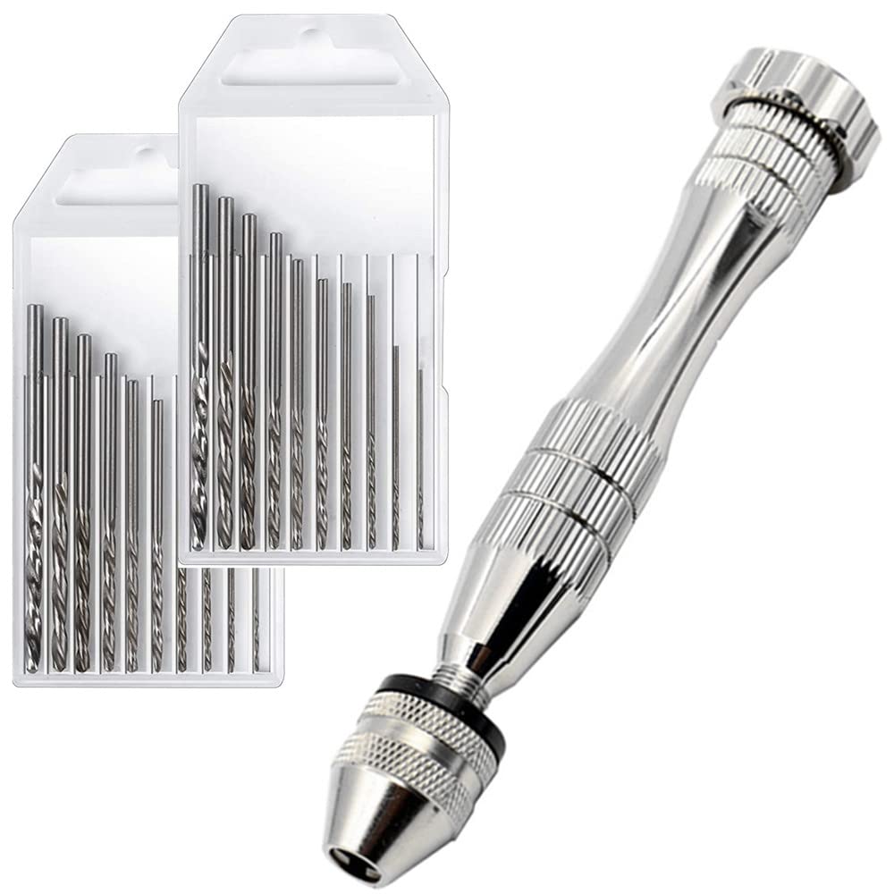 KINGFOREST Pin Vise Hand Drill for Resin Casting Molds, Steel Hand Drill with 20 PCS Drill Bits (0.8-3 mm), for Wood, Manual Work DIY, Jewelry, Assembling, Model Making（Silver）