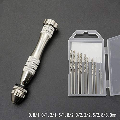 KINGFOREST Pin Vise Hand Drill for Resin Casting Molds, Steel Hand Drill with 20 PCS Drill Bits (0.8-3 mm), for Wood, Manual Work DIY, Jewelry, Assembling, Model Making（Silver）