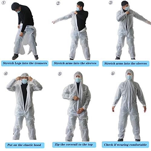 VVicogard Disposable Isolation Coveralls, Front Zipper Elastic Wrists Ankles, Polypropylene PP Protective Coverall Suit Dust-proof with Hood for Manufacturing, Spray Painting, Industrial