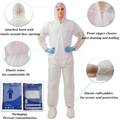 VVicogard Disposable Isolation Coveralls, Front Zipper Elastic Wrists Ankles, Polypropylene PP Protective Coverall Suit Dust-proof with Hood for Manufacturing, Spray Painting, Industrial