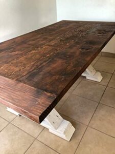 farmhouse redwood rustic table, reclaimed wood, dark brown and white