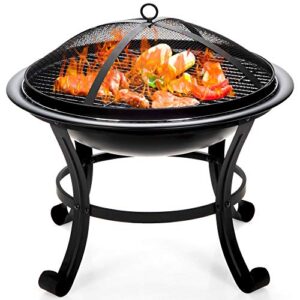 dortala 22” steel fire pit, wood burning fire pit w/round mesh spark screen cover, poker and 2 grate, steel fire pit bowl w/grilling grate handle bonfire patio backyard black