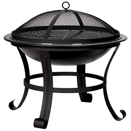 DORTALA 22” Steel Fire Pit, Wood Burning Fire Pit w/Round Mesh Spark Screen Cover, Poker and 2 Grate, Steel Fire Pit Bowl w/Grilling Grate Handle Bonfire Patio Backyard Black