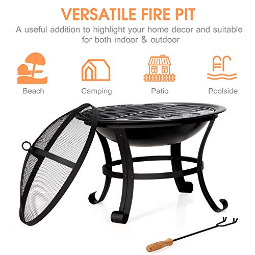 DORTALA 22” Steel Fire Pit, Wood Burning Fire Pit w/Round Mesh Spark Screen Cover, Poker and 2 Grate, Steel Fire Pit Bowl w/Grilling Grate Handle Bonfire Patio Backyard Black