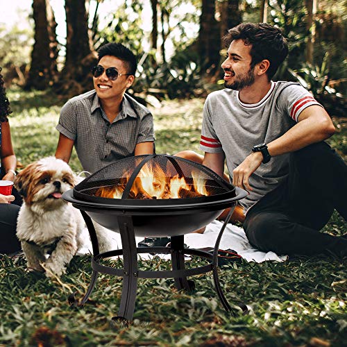 DORTALA 22” Steel Fire Pit, Wood Burning Fire Pit w/Round Mesh Spark Screen Cover, Poker and 2 Grate, Steel Fire Pit Bowl w/Grilling Grate Handle Bonfire Patio Backyard Black