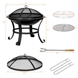 DORTALA 22” Steel Fire Pit, Wood Burning Fire Pit w/Round Mesh Spark Screen Cover, Poker and 2 Grate, Steel Fire Pit Bowl w/Grilling Grate Handle Bonfire Patio Backyard Black