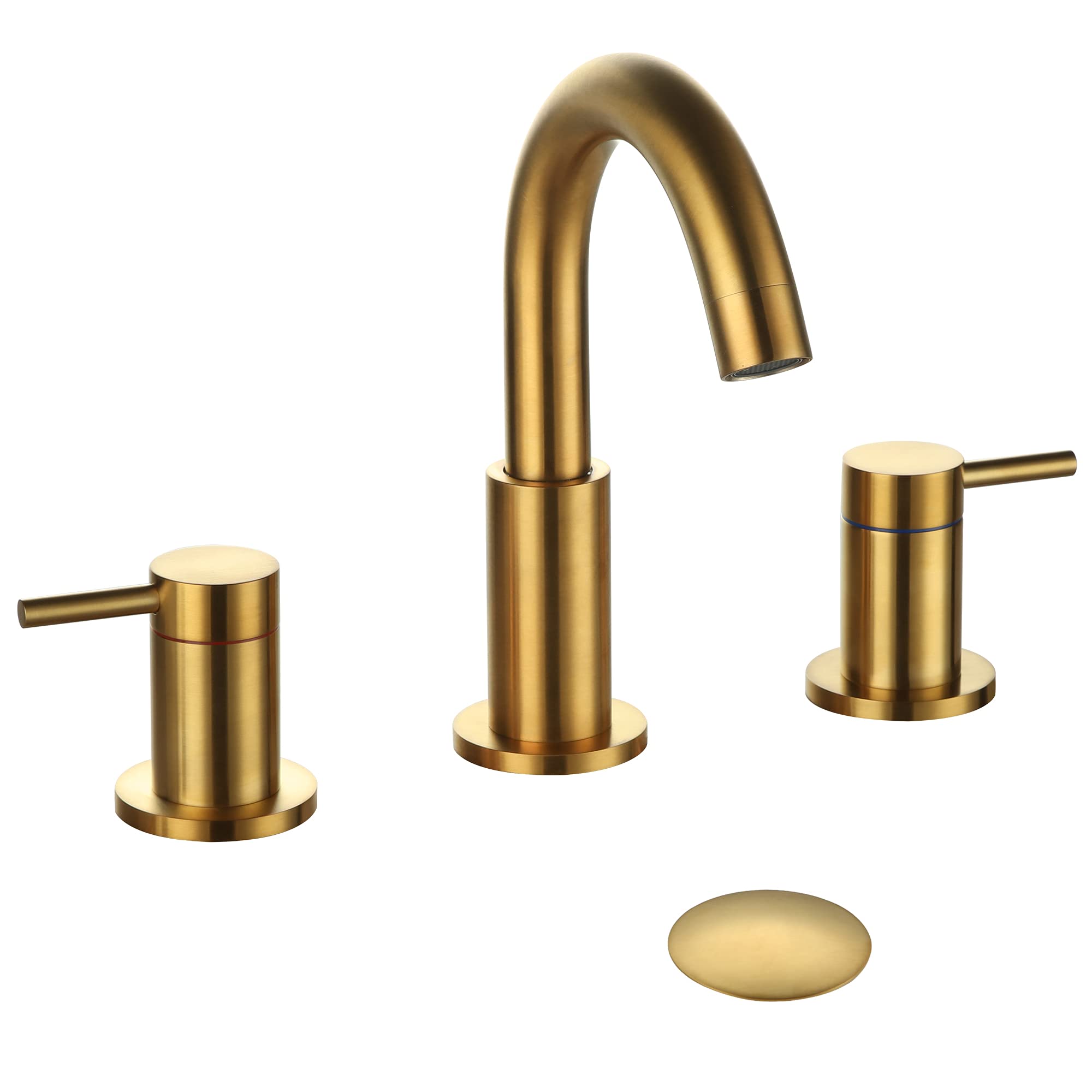 Hideno Brushed Gold Bathroom Faucet,Two Handle 8 inch Widespread Bathroom Sink Faucet Gold with Pop-up Drain & Supply Lines (Brushed Gold)