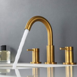 Hideno Brushed Gold Bathroom Faucet,Two Handle 8 inch Widespread Bathroom Sink Faucet Gold with Pop-up Drain & Supply Lines (Brushed Gold)