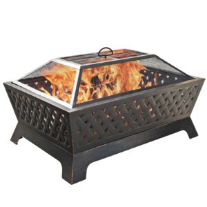 sophia & william outdoor wood burning fire pit rectangle 33.9" lx24.0 wx12.6 h heavy duty,large patio steel bonfire bbq grill firepit with mesh spark lid and fire poker for outside backyark, bronze