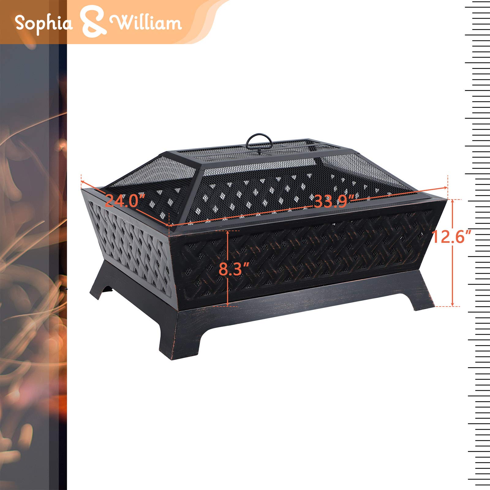 Sophia & William Outdoor Wood Burning Fire Pit Rectangle 33.9" Lx24.0 Wx12.6 H Heavy Duty,Large Patio Steel Bonfire BBQ Grill Firepit with Mesh Spark Lid and Fire Poker for Outside Backyark, Bronze