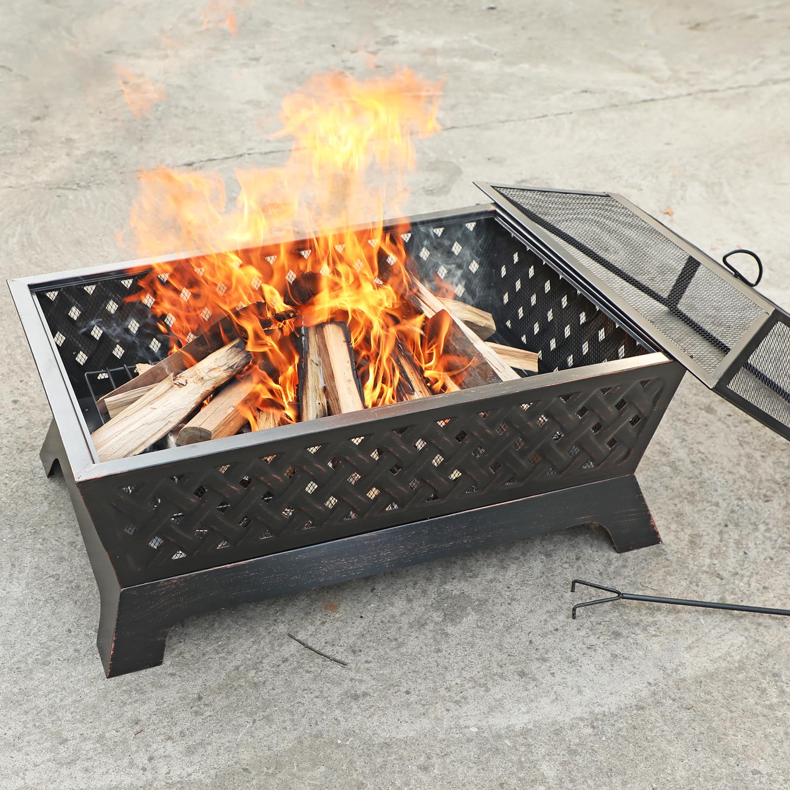 Sophia & William Outdoor Wood Burning Fire Pit Rectangle 33.9" Lx24.0 Wx12.6 H Heavy Duty,Large Patio Steel Bonfire BBQ Grill Firepit with Mesh Spark Lid and Fire Poker for Outside Backyark, Bronze