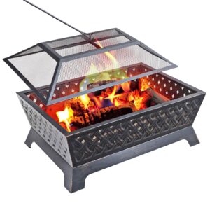 Sophia & William Outdoor Wood Burning Fire Pit Rectangle 33.9" Lx24.0 Wx12.6 H Heavy Duty,Large Patio Steel Bonfire BBQ Grill Firepit with Mesh Spark Lid and Fire Poker for Outside Backyark, Bronze