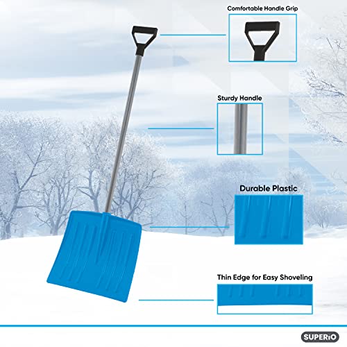 Superio Kids Snow Shovel Plastic Heavy Duty Snow Shovel for Snow Removal, Small Kids Shovel Snow Fun, Sturdy Wooden Handle, 35" Height, 12" Blade (2, Blue)