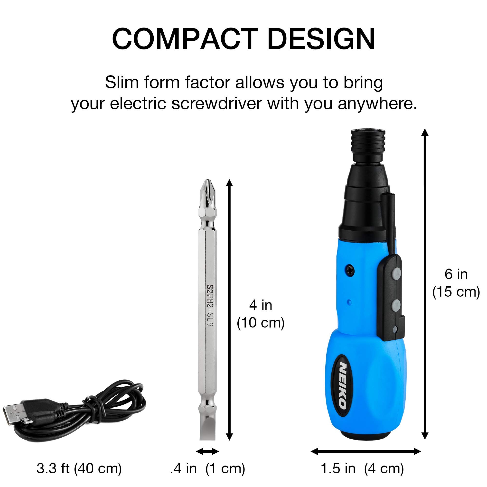 NEIKO 10577A Cordless Power Screwdriver | 1/4” Hex Auto-Lock Safety Chuck | Includes Phillips and Flathead Bit | USB Rechargeable Lithium-Ion Technology | Auto and Manual Mode