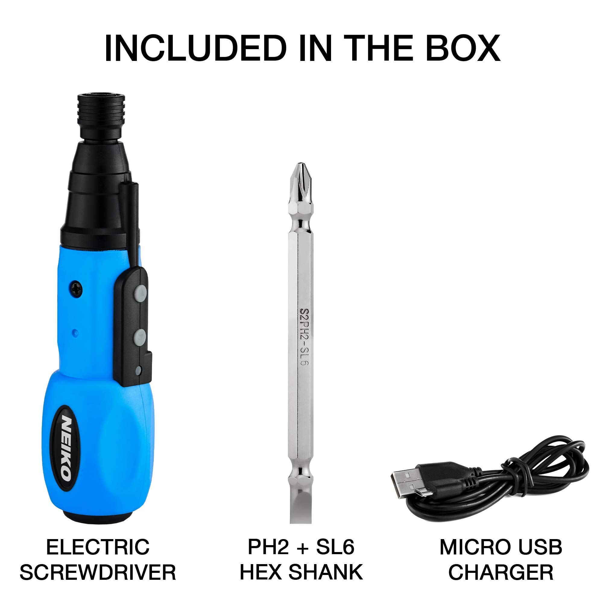 NEIKO 10577A Cordless Power Screwdriver | 1/4” Hex Auto-Lock Safety Chuck | Includes Phillips and Flathead Bit | USB Rechargeable Lithium-Ion Technology | Auto and Manual Mode