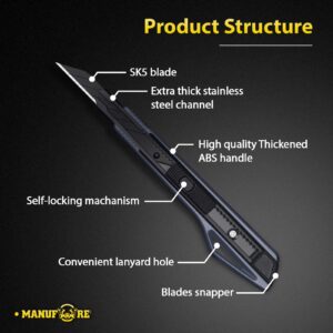 MANUFORE 5 Pack 9mm Snap-Off Knife 30 Degree Film Cutting Knife Box Cutter for Wallpaper, Paper, Crafts, Cartons