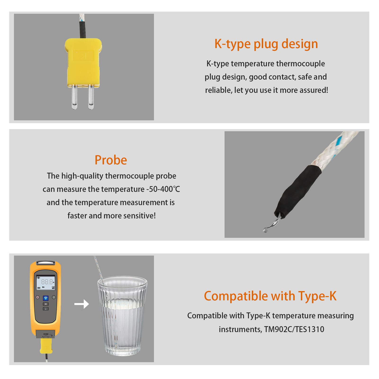 5 Pieces 3 Meters K Type Mini-Connector Thermocouple Temperature Probe Sensor K Type Thermocouple Wire Temperature Sensing Line Measure Range -50 to 400 Celsius, Compatible with TM902C/ TES1310